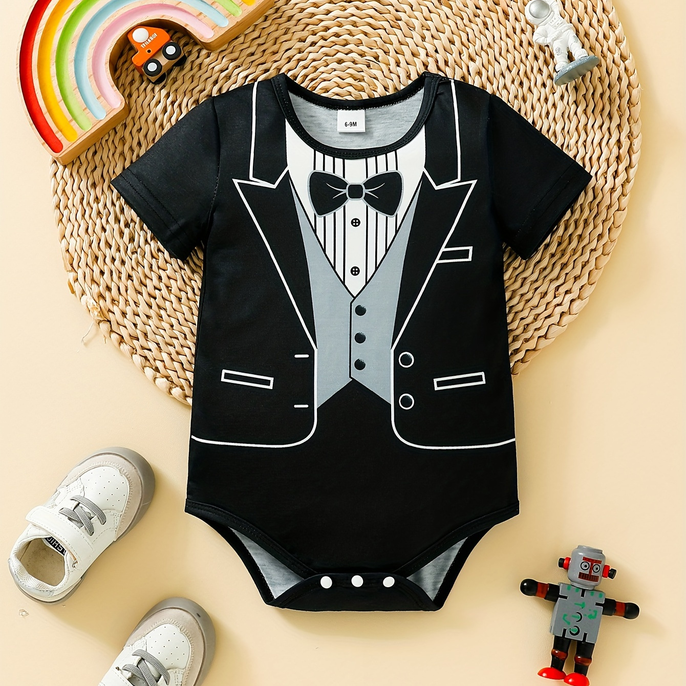 

Infants Baby Boys Gentleman Style Triangle Onesie, Short Sleeve Bow Tie Suit Pattern Bodysuit