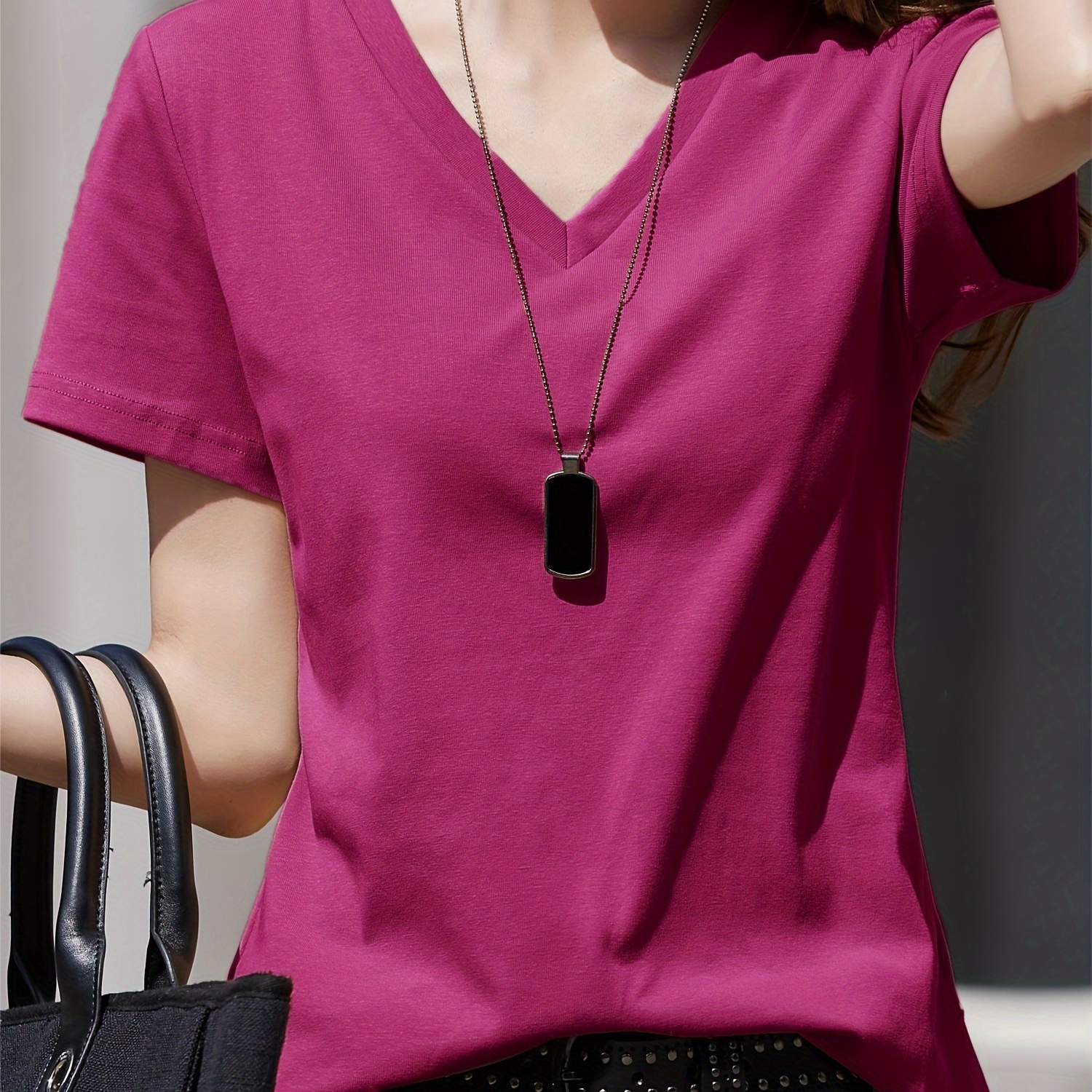 

Solid V-neck Simple T-shirt, Versatile Short Sleeve Top For Spring & Summer, Women's Clothing