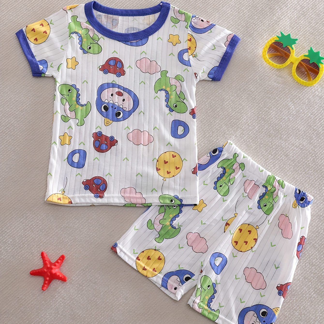 

2 Pcs Boys Cute Pajama Sets, Cute Car Dinosaur Pattern Short Sleeve T-shirts & Shorts, Comfortable & Cute Style Pajamas For Boys Cozy Loungewear