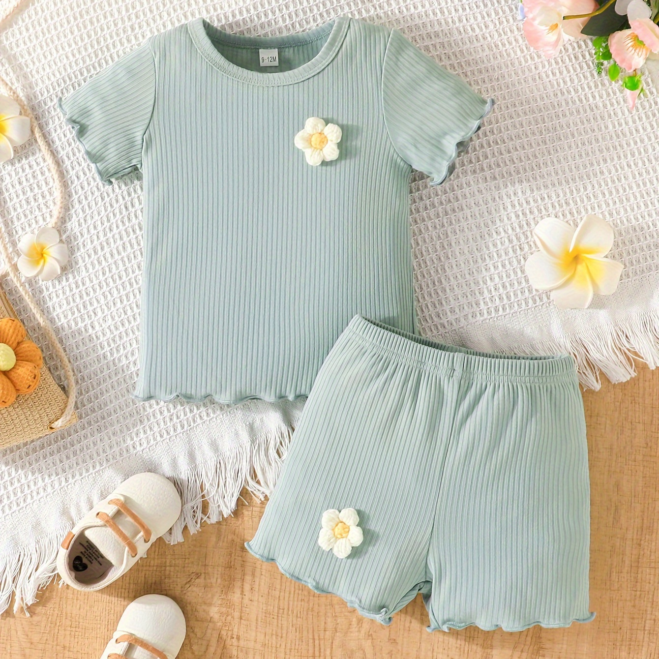 

Baby Girls Flower Embroidered Short Sleeve Round Neck Knit T-shirt + Matching Shorts Set For Summer