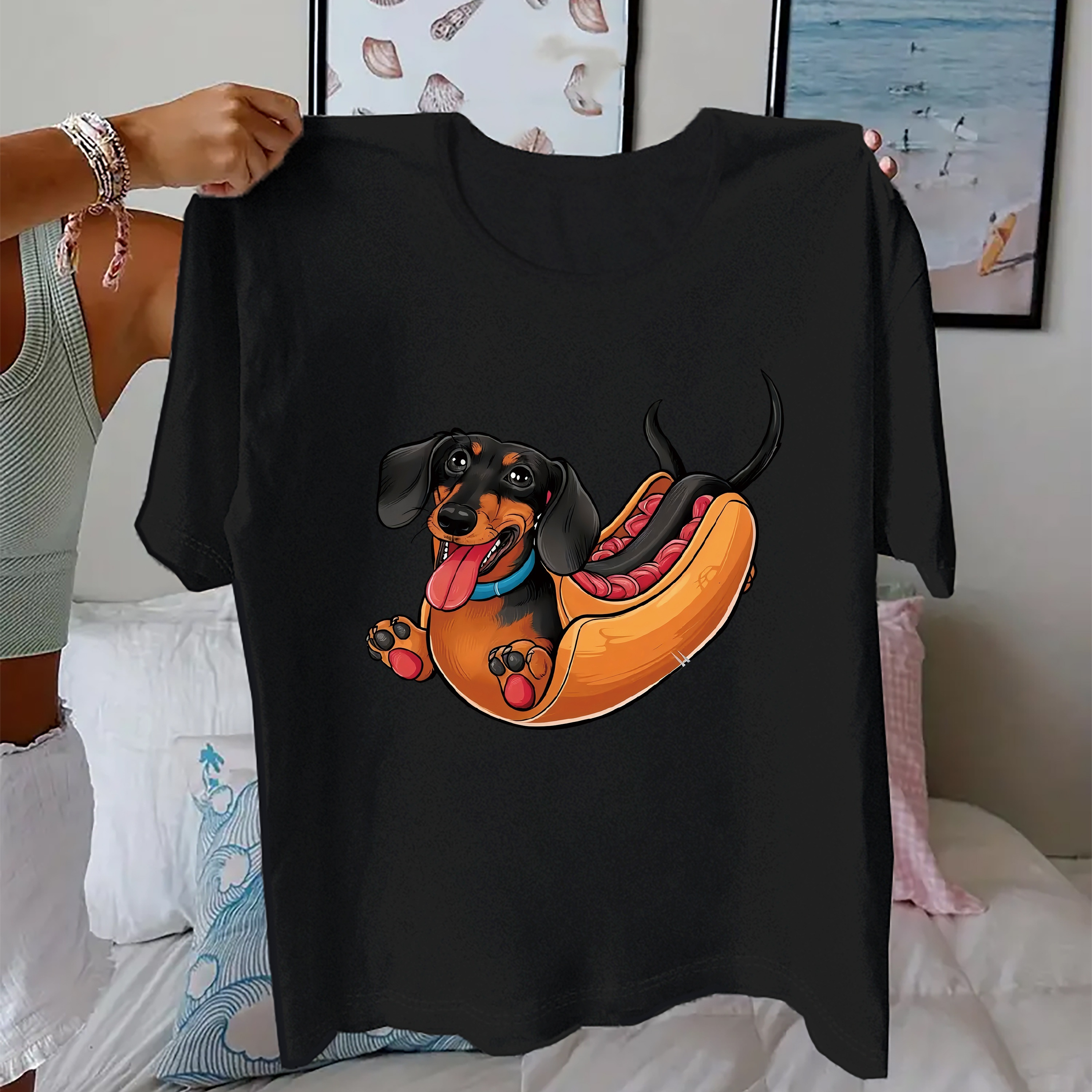 

Casual Crew Neck T-shirt With Hot Dog Dachshund Print - Polyester Spandex , Geometric Pattern, , Knit Fabric, Wear For Women