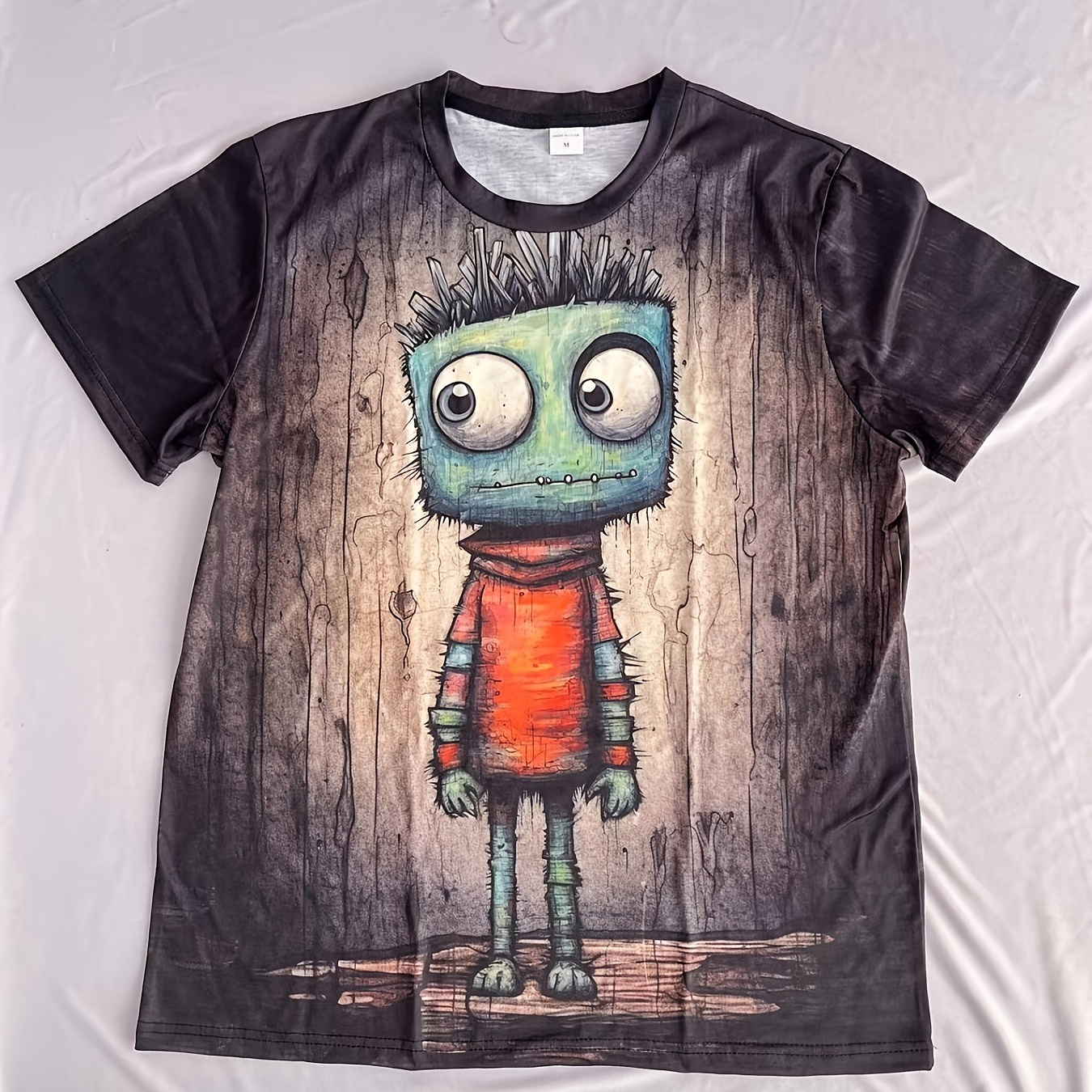 

Cartoon Style Monster In Sweater Pattern Crew Neck And Short Sleeve T-shirt, Stylish And Novel Tops For Men's Summer Outdoors Wear