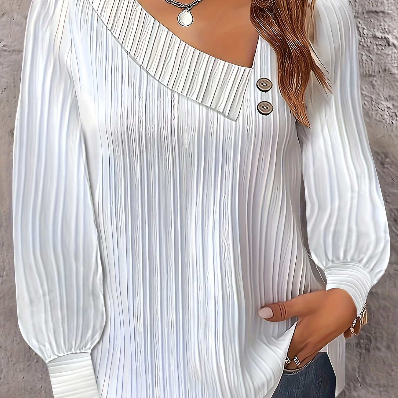 Plus Size Casual Blouse, Women's Plus Solid Textured Button Decor Long Sleeve Irregular Neck Shirt Top