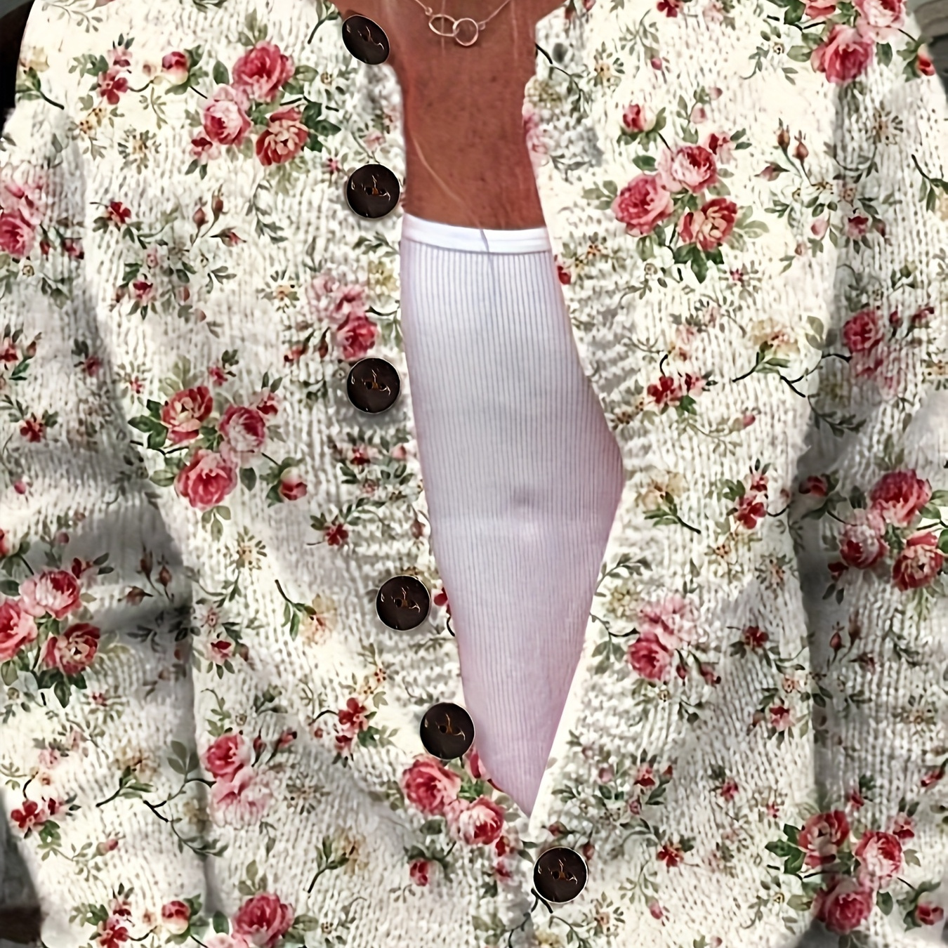 

Women's Floral Print Cardigan - Lightweight, Long Sleeve, Round Neck With Decorative Buttons, Polyester, , Lightweight Cardigan