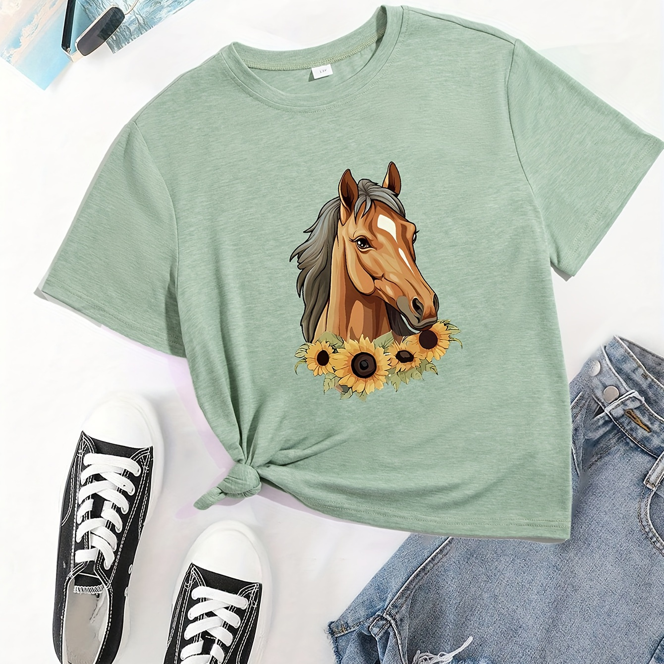 

Girls Cartoon Floral Horse Print Creative T-shirt, Soft Stretchy Comfortable Round Neck Short Sleeve Tee, Casual Summer Top