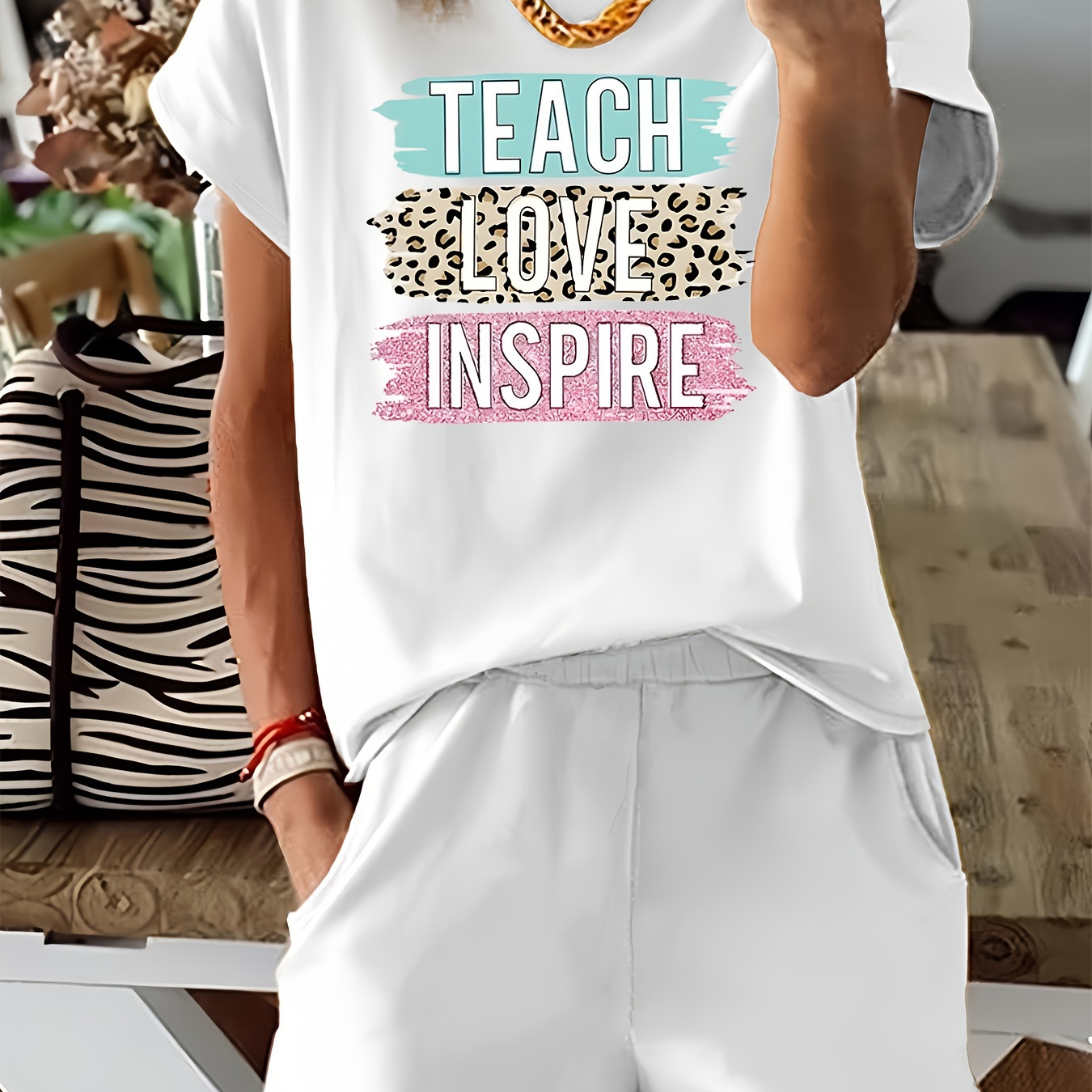 

Teach Teacher Print 2 Piece Set, Short Sleeve Crew Neck T-shirt & Elastic Waist Shorts Outfits, Women's Clothing