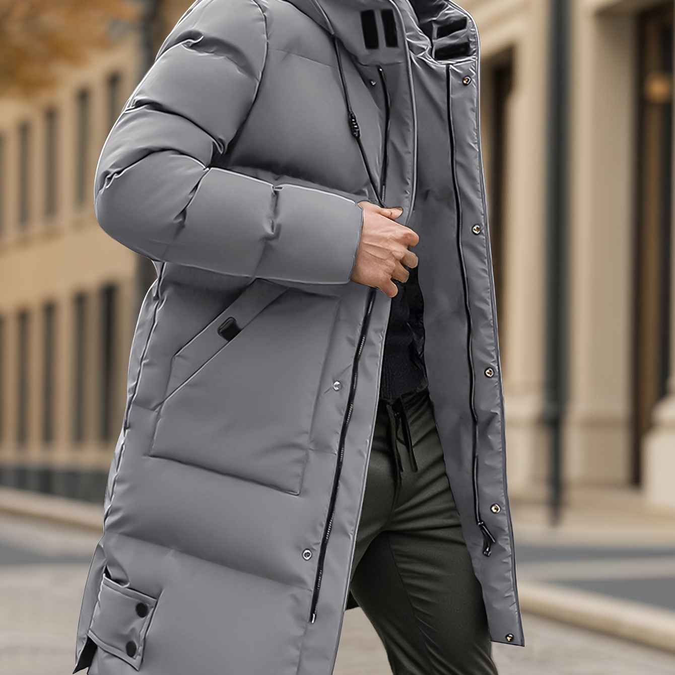 

Men's Winter Thickened Mid-length Warm Jacket With Hood, Drawstring, Large Pockets, Windproof Polyester Outerwear, , Regular Fit, Solid Color, Long Sleeve, Zipper Closure, Daily &