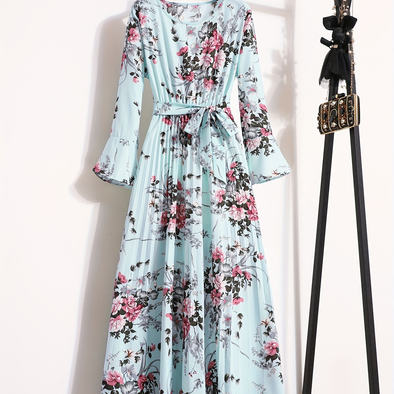 

Floral Print Pleated Dress, Crew Neck Elegant Long Sleeve Maxi Dress, Women's Clothing