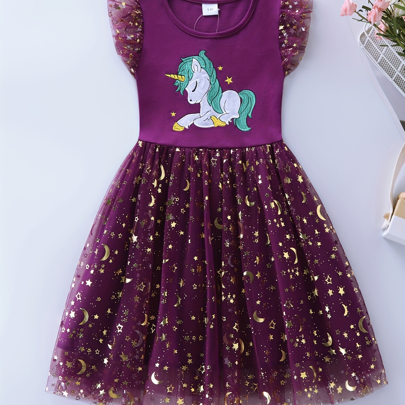 

Elegant Sweet Girls 100% Cotton Unicorn Embroidery Sequin Flutter Trim Tutu Dress Party Gift