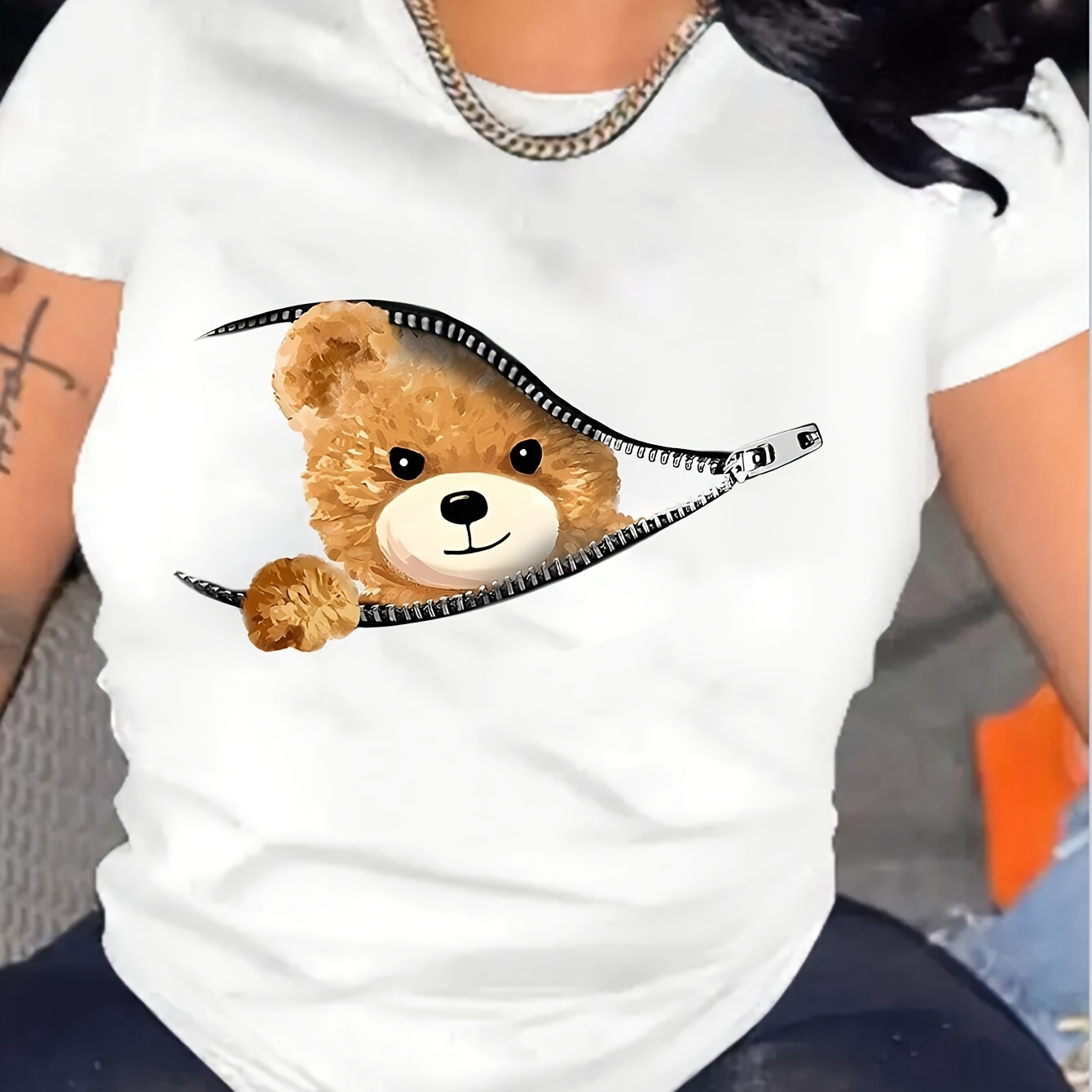 

Cartoon Bear Print T-shirt, Short Sleeve Crew Neck Casual Top For Summer & Spring, Women's Clothing