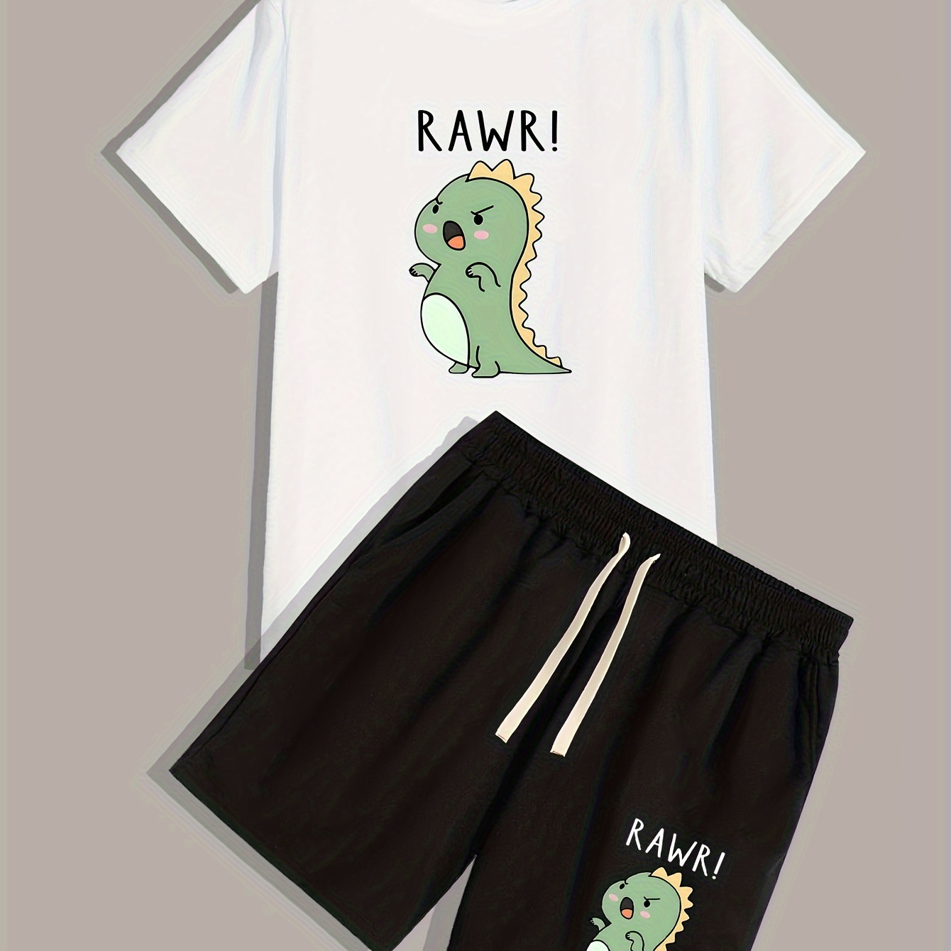 

Little Green Dinosaur Rawr! Print Men's 2pcs Short Sleeve Shorts Set Casual Sports Regular Top Drawstring Pants Suit Outfits For Spring Summer Holiday Leisure Vacation Outdoor Fitness