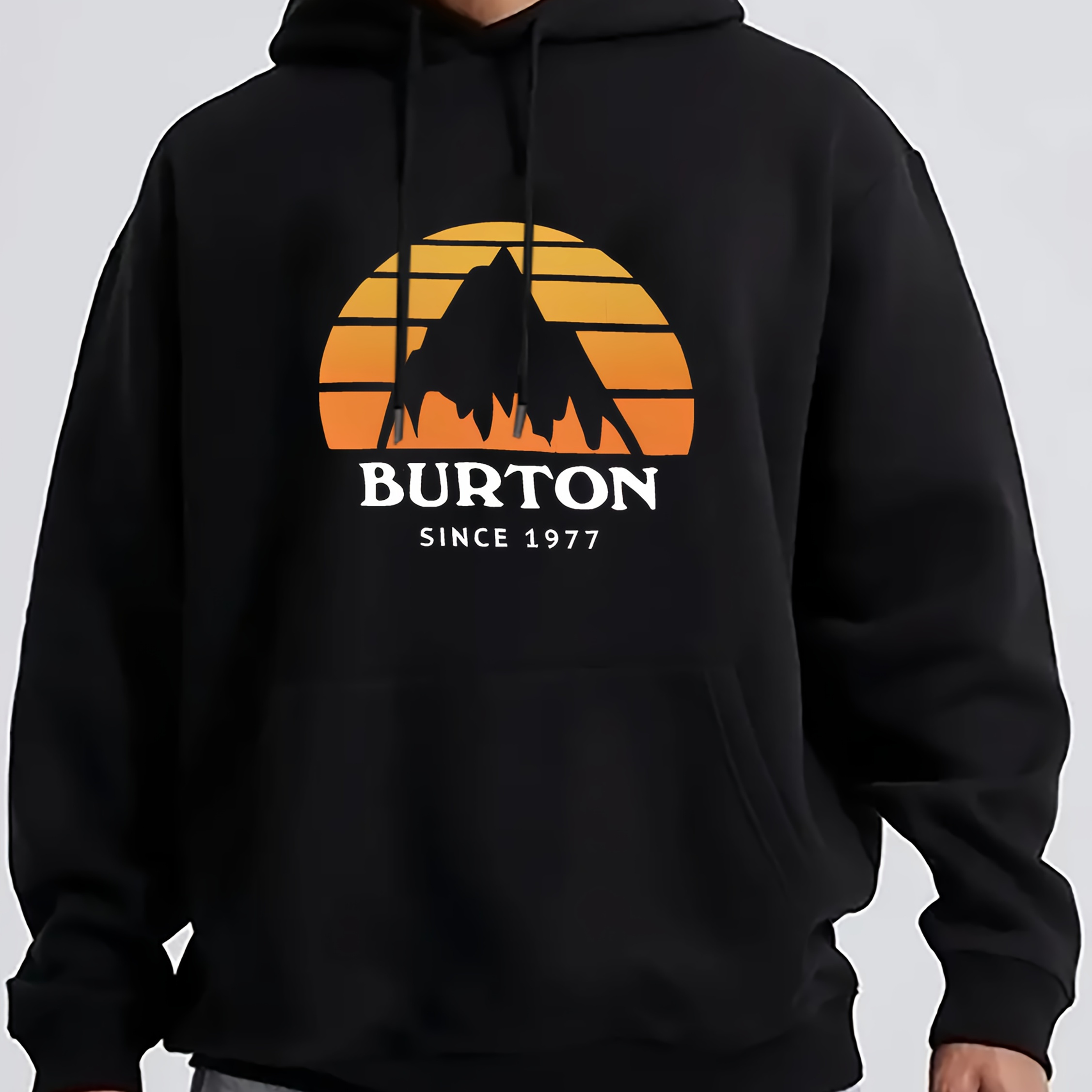 

Men's Casual Black Hoodie With Vibrant Cartoon Mountain Sunset Print - 100% Polyester, Long Sleeve, Drawstring Hood, Machine Washable - Stylish & Cozy For All