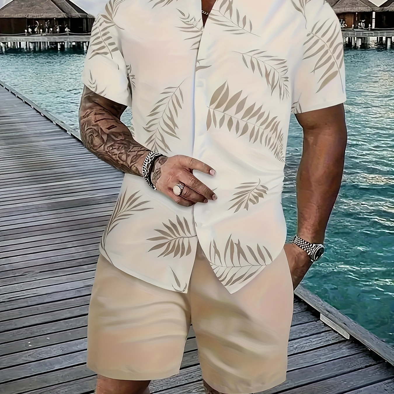 

Men's Leaves Pattern Print Short Sleeve Lapel Shirt Top, Male Casual Button Up Shirt For Summer Daily Wear And Vacation Resorts