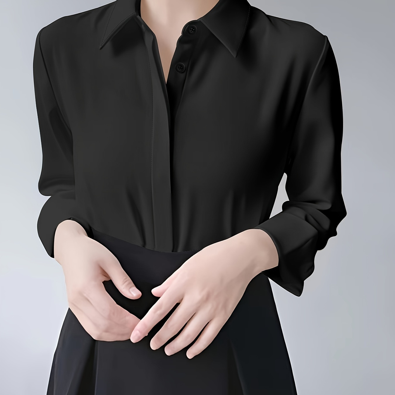 

Elegant Solid Color Lapel Collar Blouse - Polyester Long Sleeve Shirt, Woven Women's Business Professional Attire For Spring/summer/fall