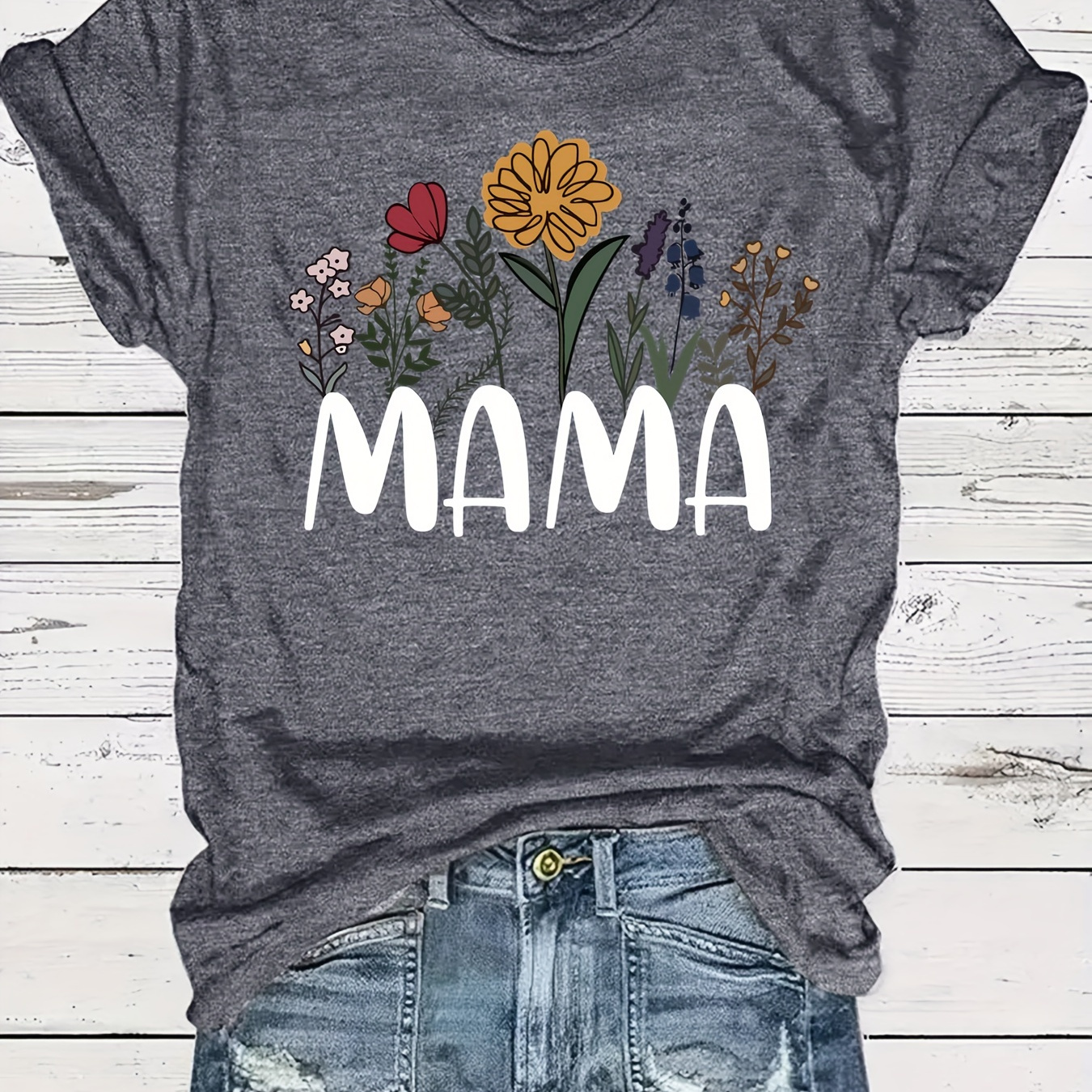 

Size 'mama' Floral Print T-shirt - Casual Crew Neck, Short Sleeve, Polyester , Machine Washable - Women's Fashion