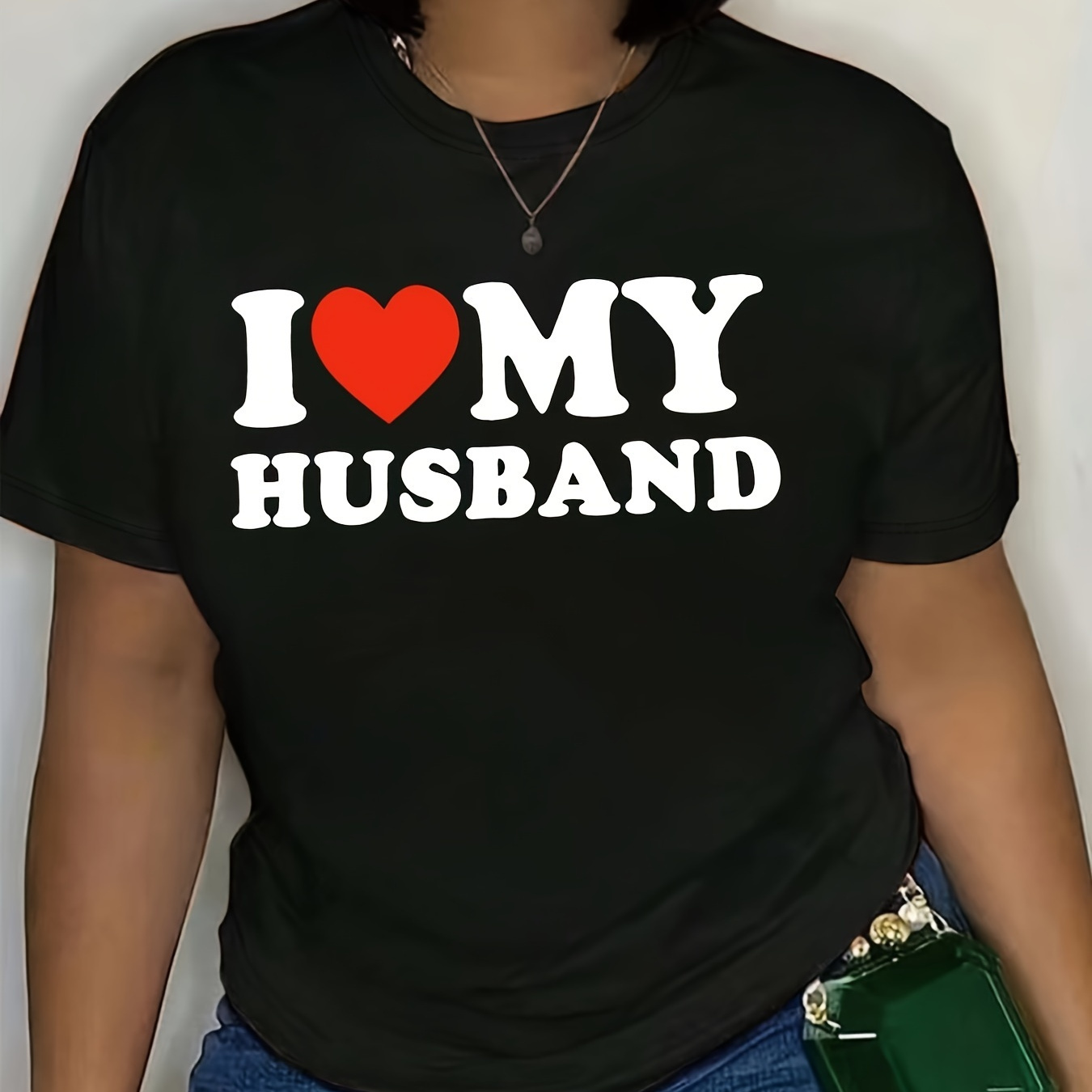 

I Love My Husband" Vibrant T-shirt - 100% Polyester, Crew Neck, Short Sleeve Top For Women,