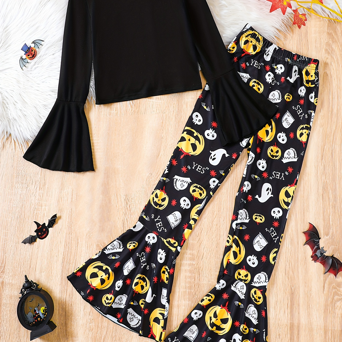 

Trendy Girls 2pcs Halloween Sets Solid Flare Sleeve Top & Pumpkin And Ghost Print Flare Pants Set Kids Clothes For Gift, Party, Halloween