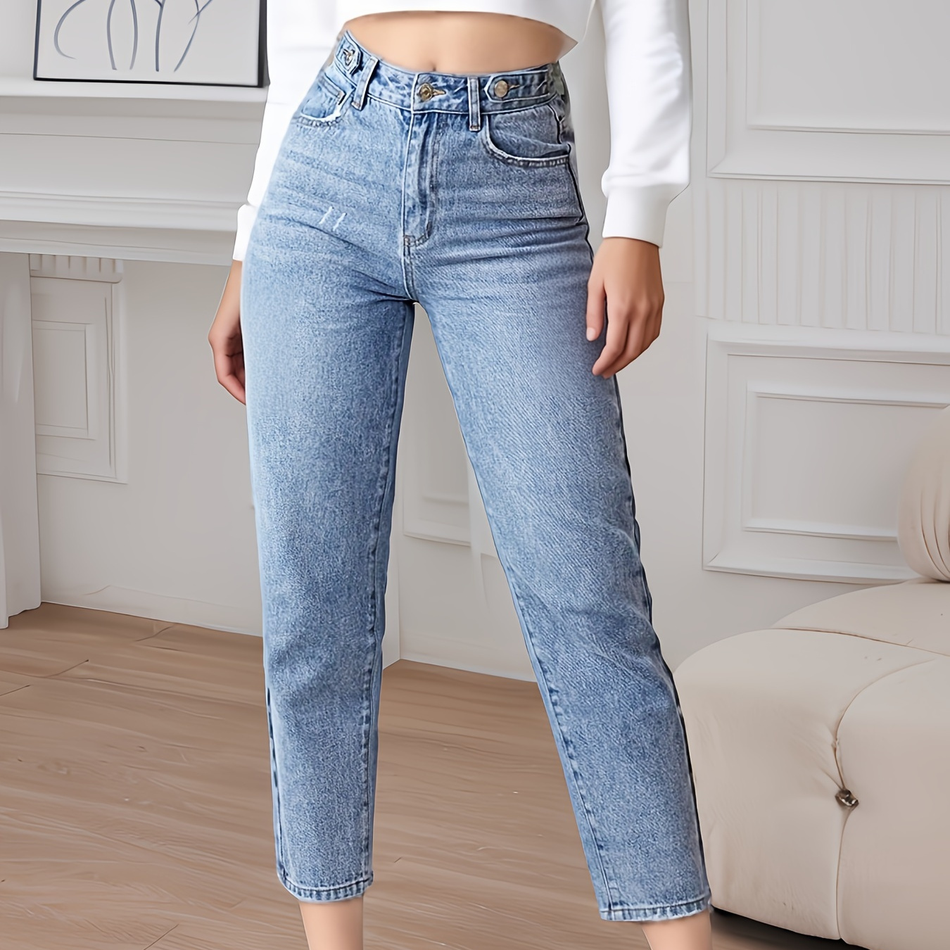 

Plain Washed Blue High Rise Slim Fit Zipper Button Closure Versatile Denim Pants, Jeans, Women's Denim Jeans & Clothing