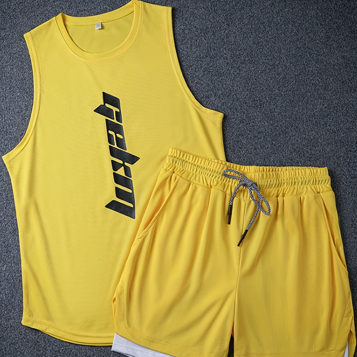 

Men's 2 Pieces Outfits, Fashion Letter Print Round Neck Tank Top And Drawstring Breathable Shorts Set