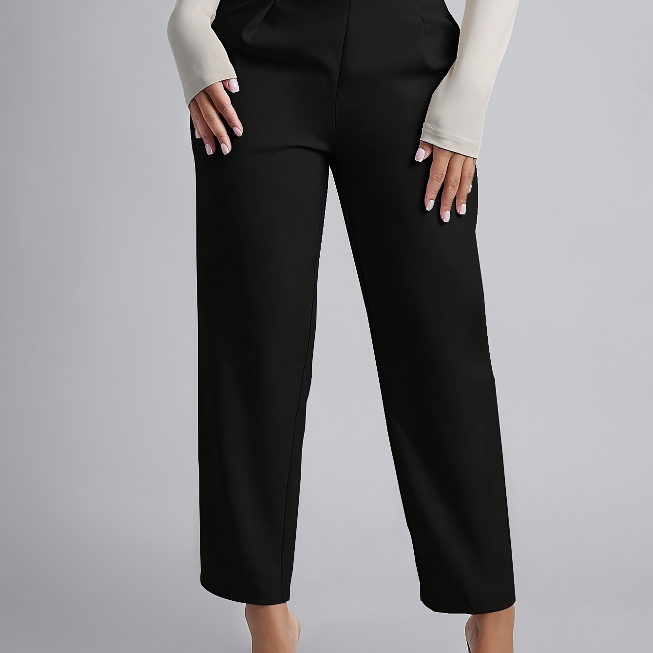 

High Waist Straight Leg Pants, Elegant Solid Color Ring Waist Pants For Work & Office, Women's Clothing