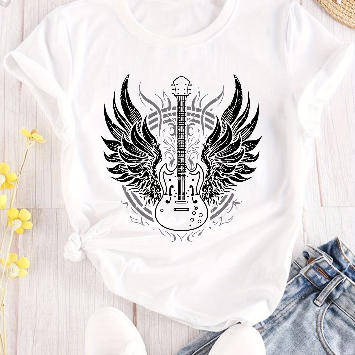 

Plus Size Guitar With Wings Print T-shirt, Casual Short Sleeve Crew Neck Top For Spring & Summer, Women's Plus Size Clothing