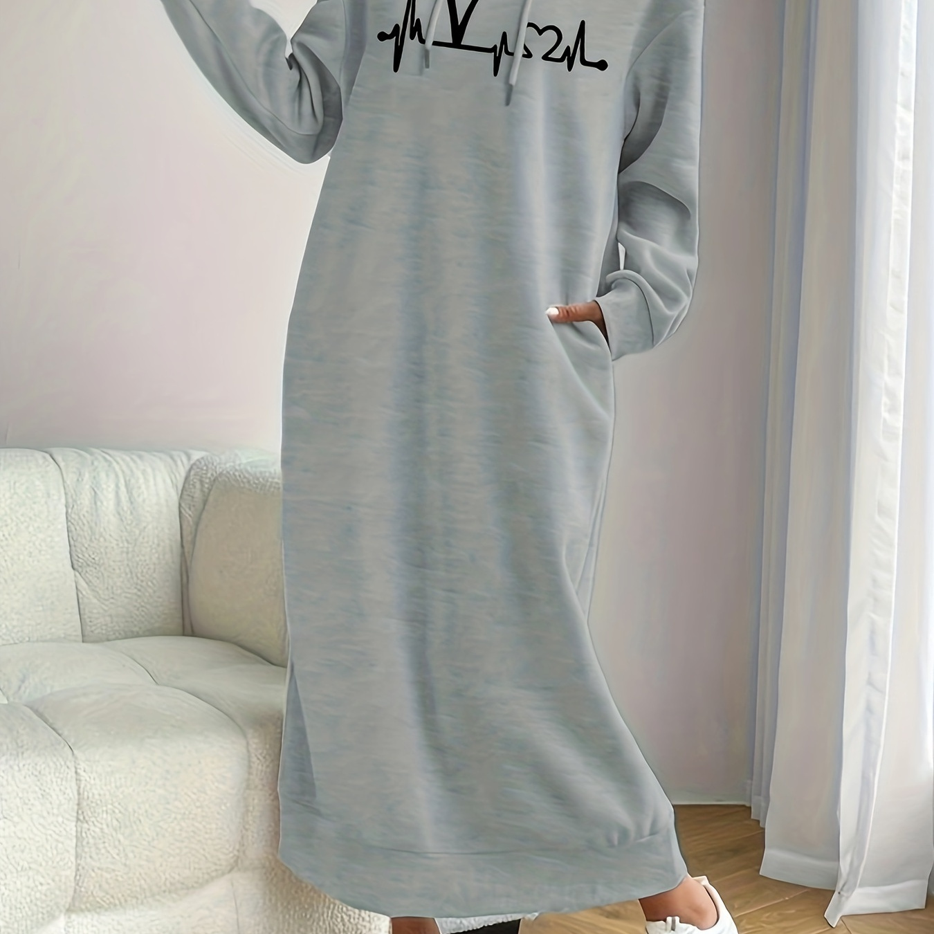 

Women's Cozy Long Hoodie Dress - Thick Over-the-knee Casual Sweatshirt With Pockets, Gray Heathered Fabric, Winter , Sweater Hoodie