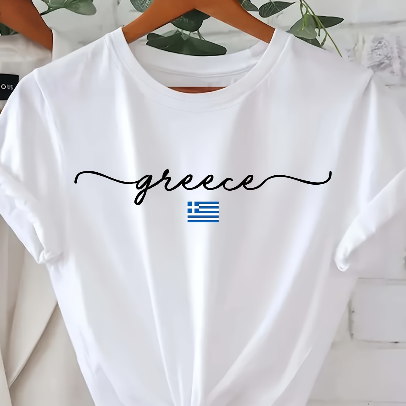 

Greece Letter Print T-shirt, Short Sleeve Crew Neck Casual Top For Summer & Spring, Women's Clothing