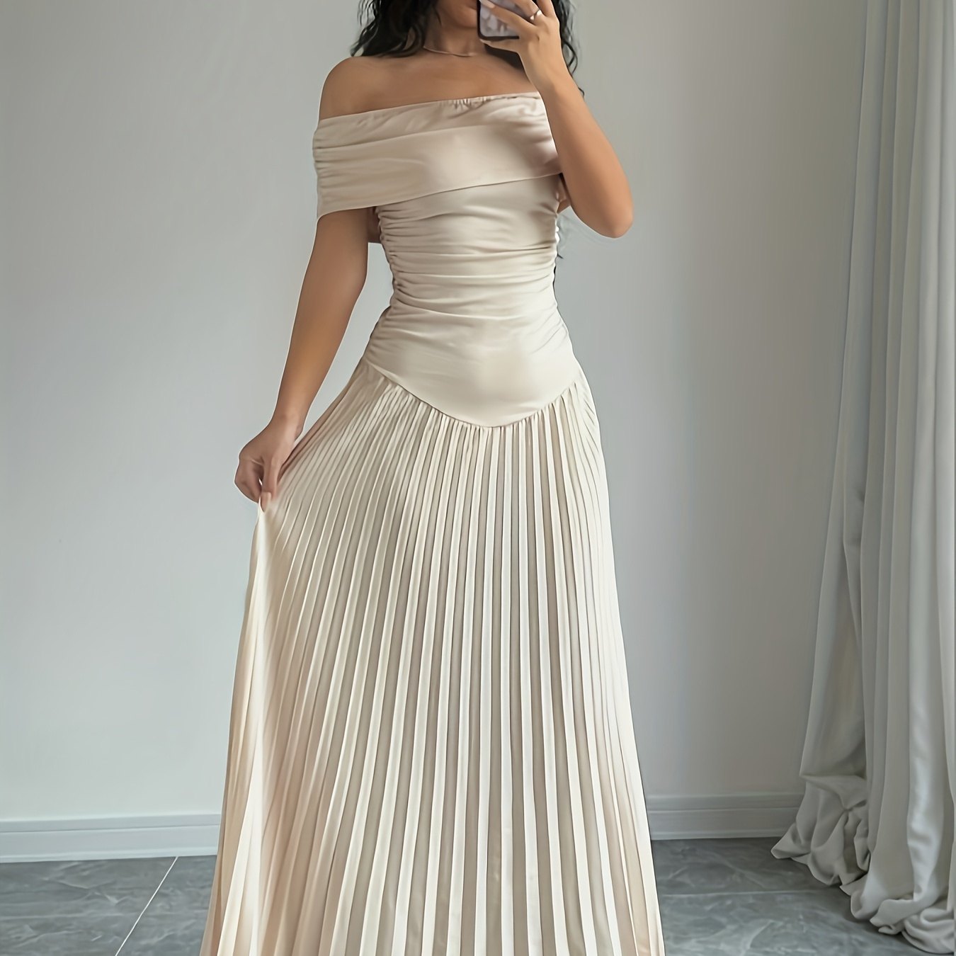 

Elegant Off-shoulder Ruched Midi Dress - Chic & Simple , Polyester With Pleated Detail, Machine Washable For Summer