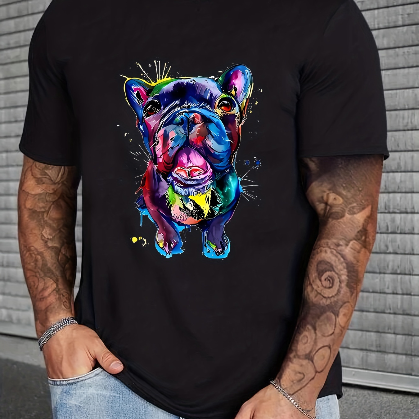 

Bulldog Print T Shirt, Tees For Men, Casual Short Sleeve Tshirt For Summer Spring Fall, Tops As Gifts