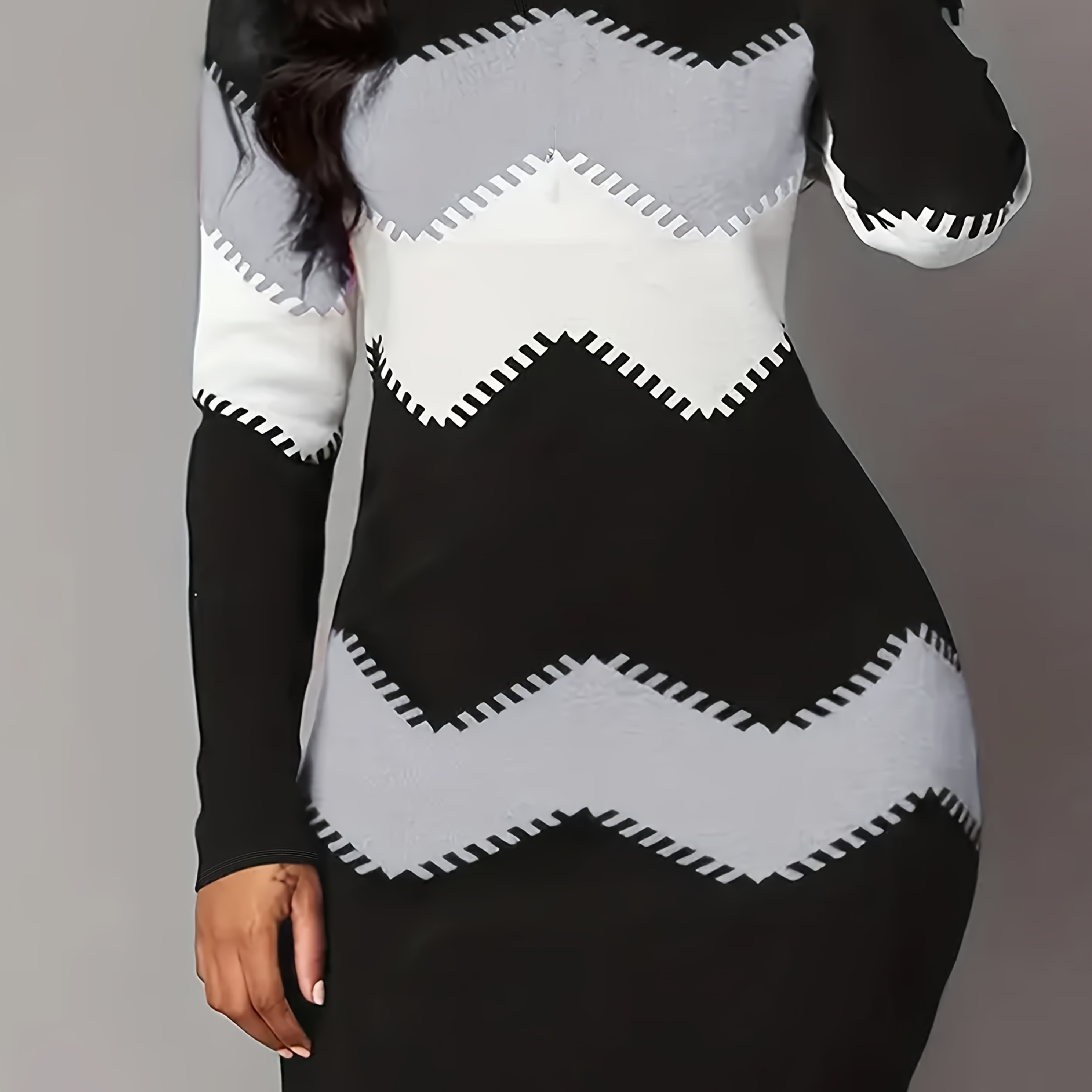 

Chic Women's 3d Print Dress - Casual Knit, Long Sleeve, Round Neck, Stretchy Polyester , Machine Washable - Fashionable Black & Gray Chevron Pattern, Knee-length For All