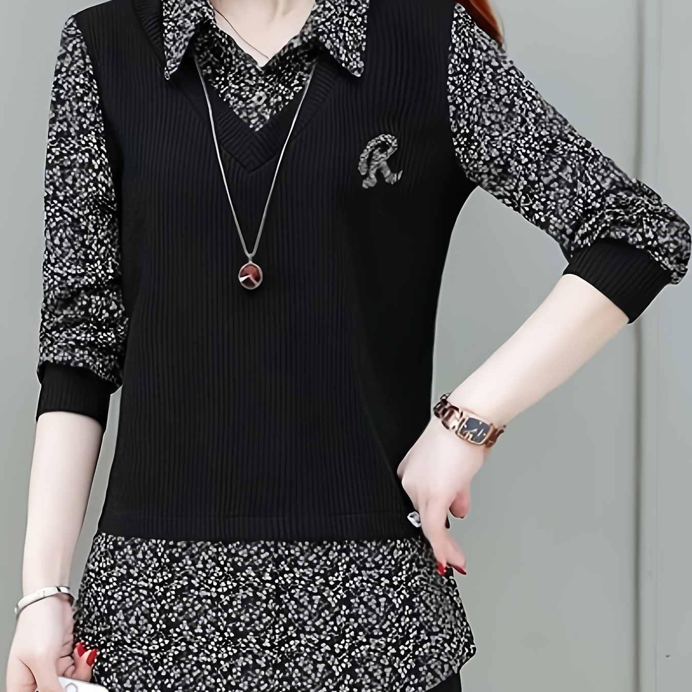 

Letter Decor Collar Blouse, Elegant 3/4 Sleeve Blouse For Spring & Fall, Women's Clothing