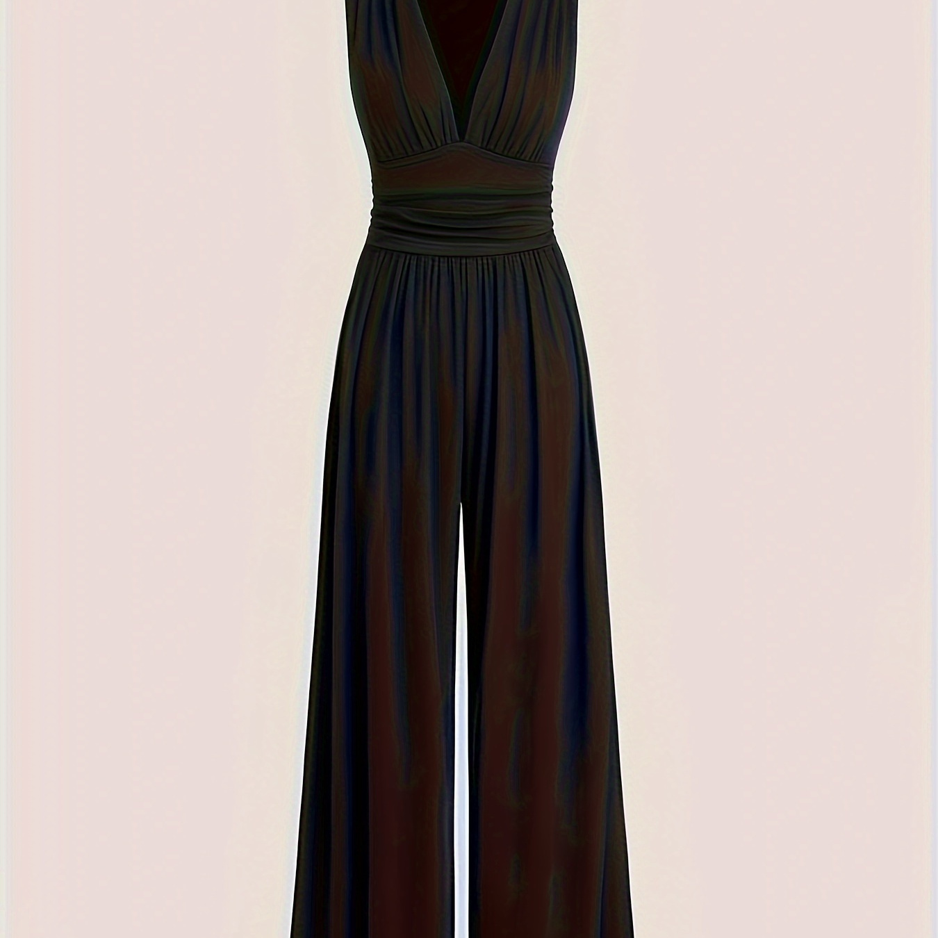 

Solid Color Ruched V-neck Jumpsuit, Elegant Sleeveless Wide Leg Jumpsuit For Spring & Summer, Women's Clothing