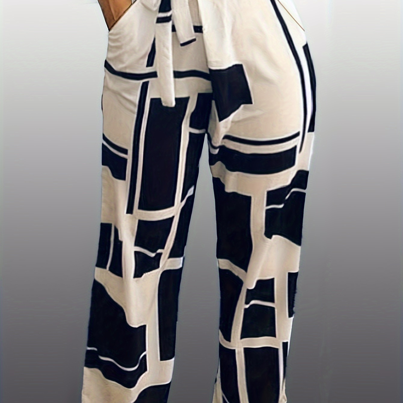 

Color Block Straight Leg Pants, Casual Tied Waist Loose Pants For Spring & Summer, Women's Clothing