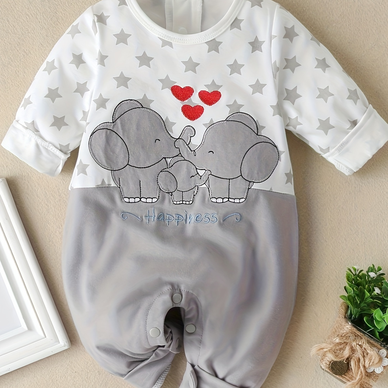 

Baby's Elephant Embroidery Casual Long Sleeve Romper, Toddler & Infant Boy's Bodysuit For Spring Fall