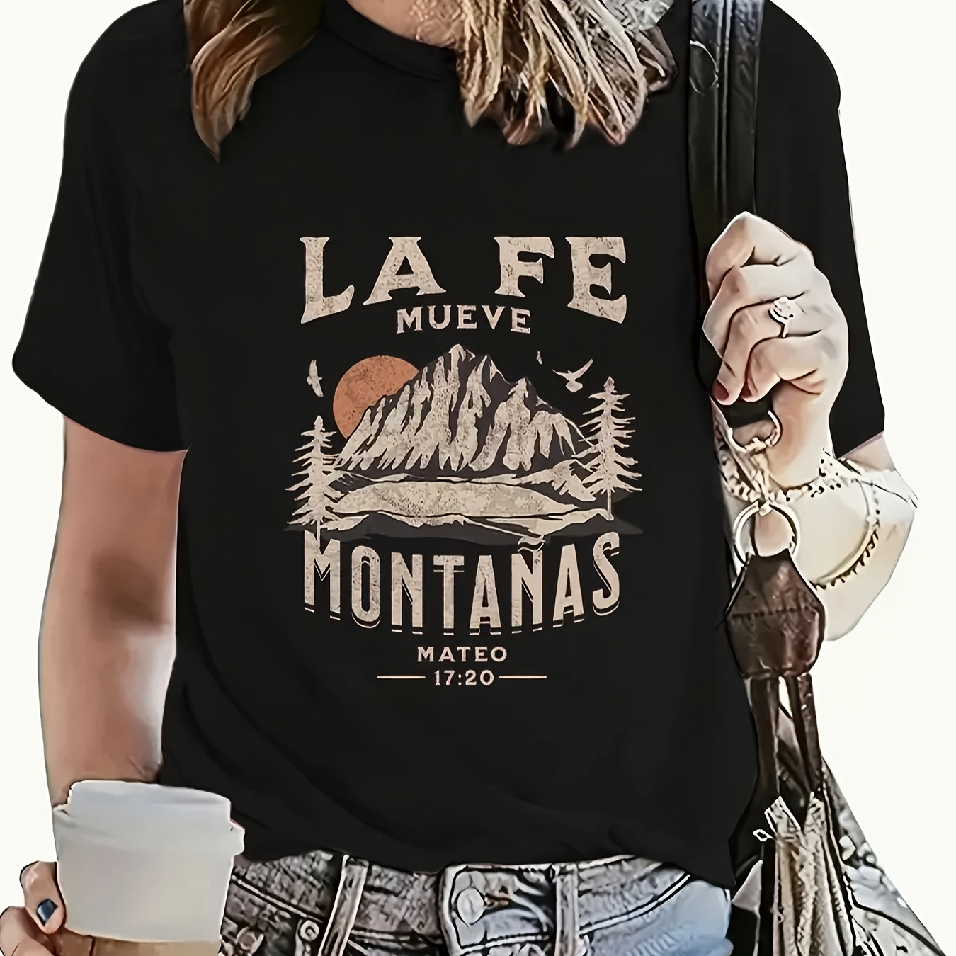 

Chic Mountain Vista & Script Print T-shirt, Casual Crew Neck Short Sleeve T-shirt For Spring & Summer, Women's Clothing