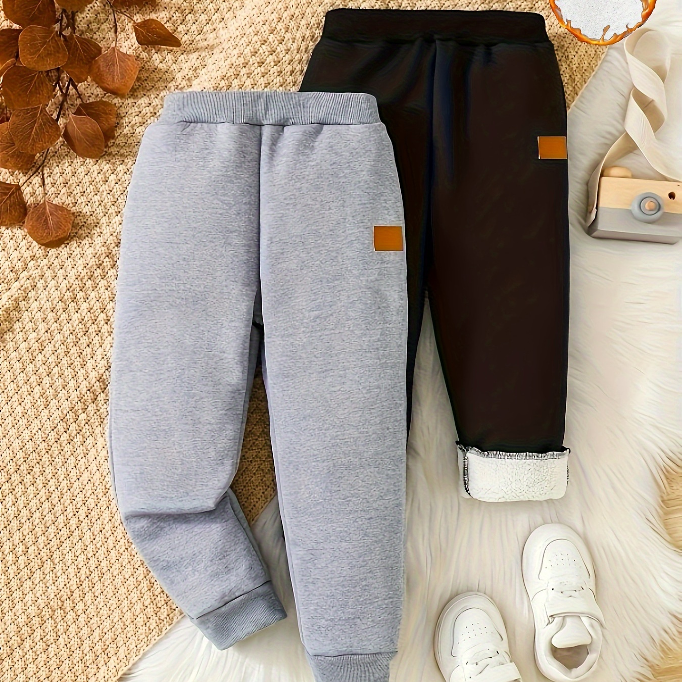 

2pcs Casual Solid Color Fleece Sweatpants For Boys, Elastic Waist Jogger Pants, Comfy Casual Trousers, Boy's Clothes Outdoor