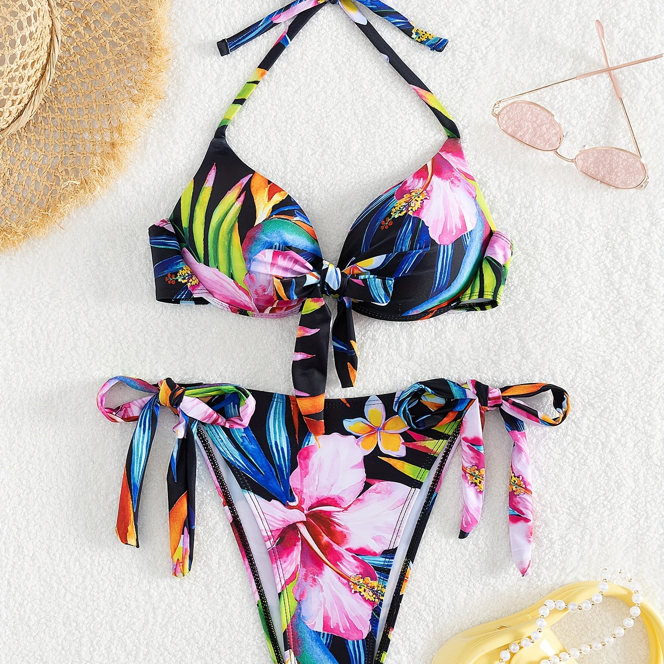 

Tropical Print 2 Piece Set Bikini, Halter Neck Tie Side High Cut Swimsuits, Women's Swimwear & Clothing