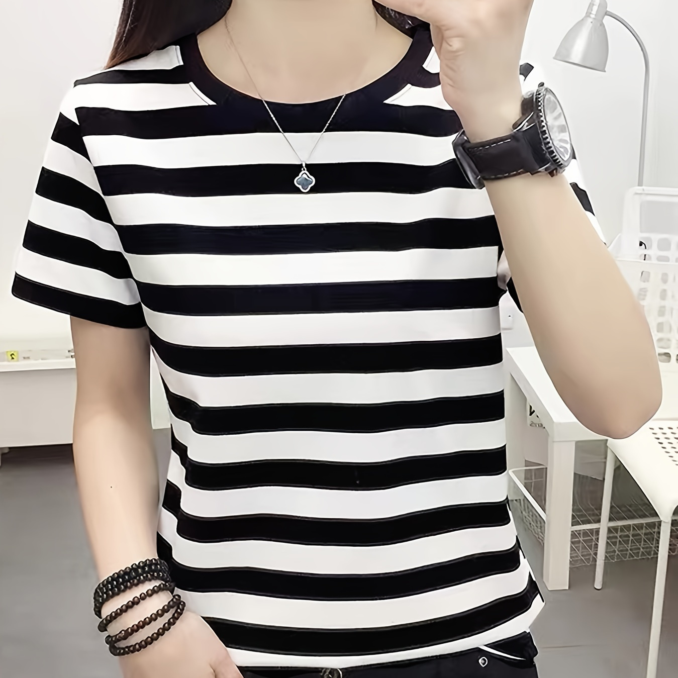 

Women' Striped T-shirt, Crew Neck, Short Sleeve, Regular Length, Knit Fabric, 95% Polyester 5% Spandex, All , 180g/m² -