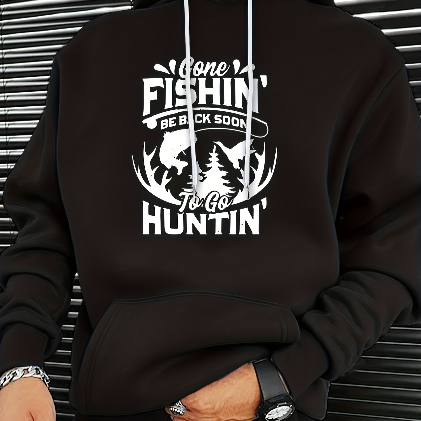 

Fishing & Hunting Letter Print, Hoodies For Men, Graphic Sweatshirt With Kangaroo Pocket, Comfy Trendy Hooded Pullover, Mens Clothing For Fall Winter