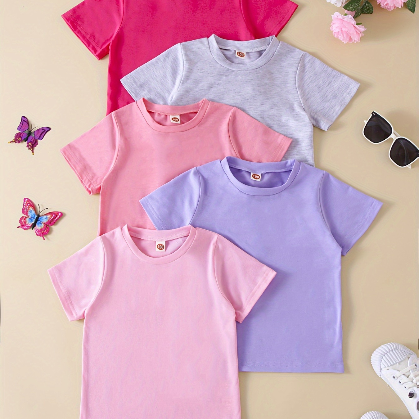 

5pcs Girls Solid Crew Neck Short Sleeve T-shirt Set For Summer Gift Outdoor