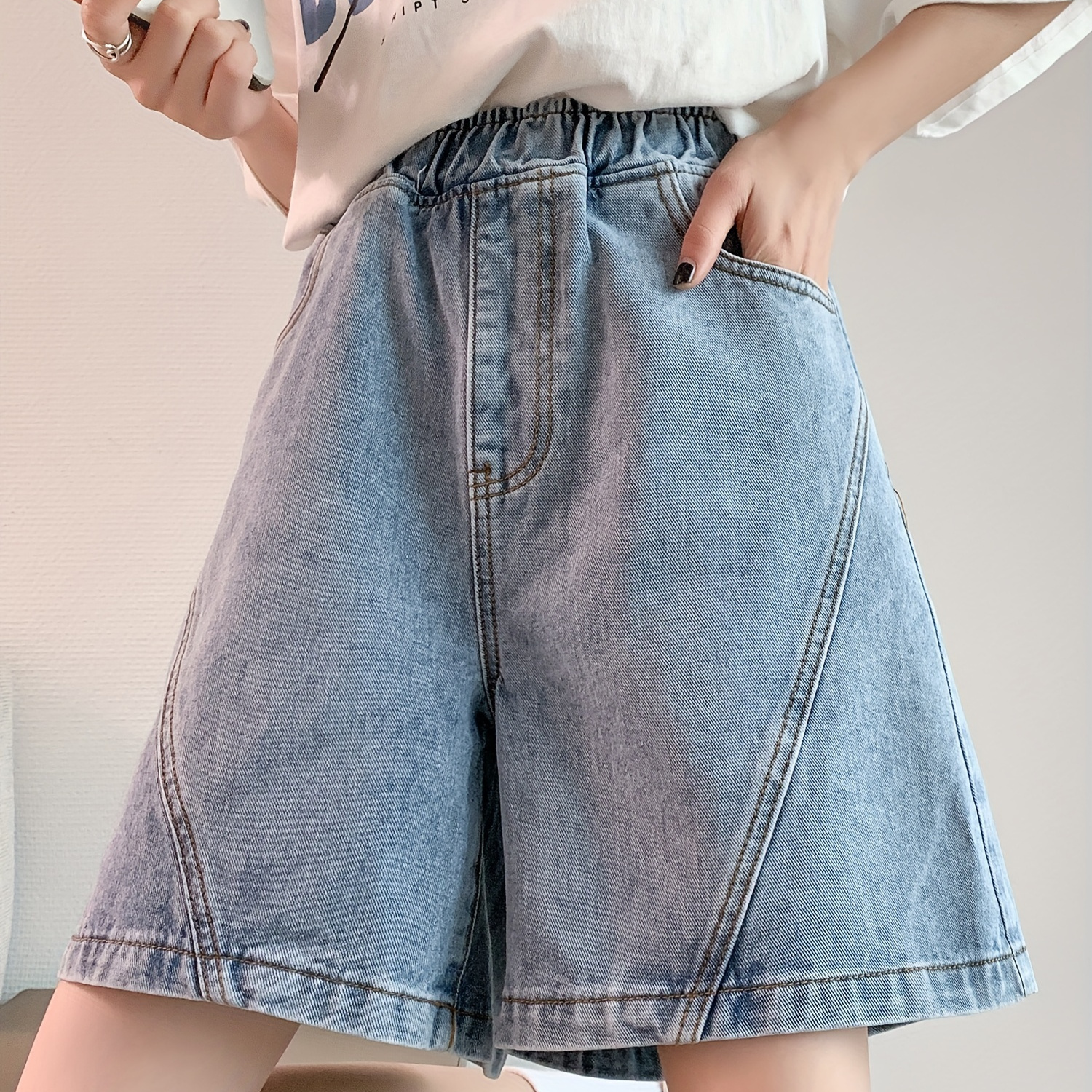

Women's Plus Size High Waisted A-line Denim Shorts For Summer With Pockets, Elastic Waist Wide Leg Loose Jean Shorts For Women, Casual Blue Color Comfy Denim Bottoms, Women's Clothing