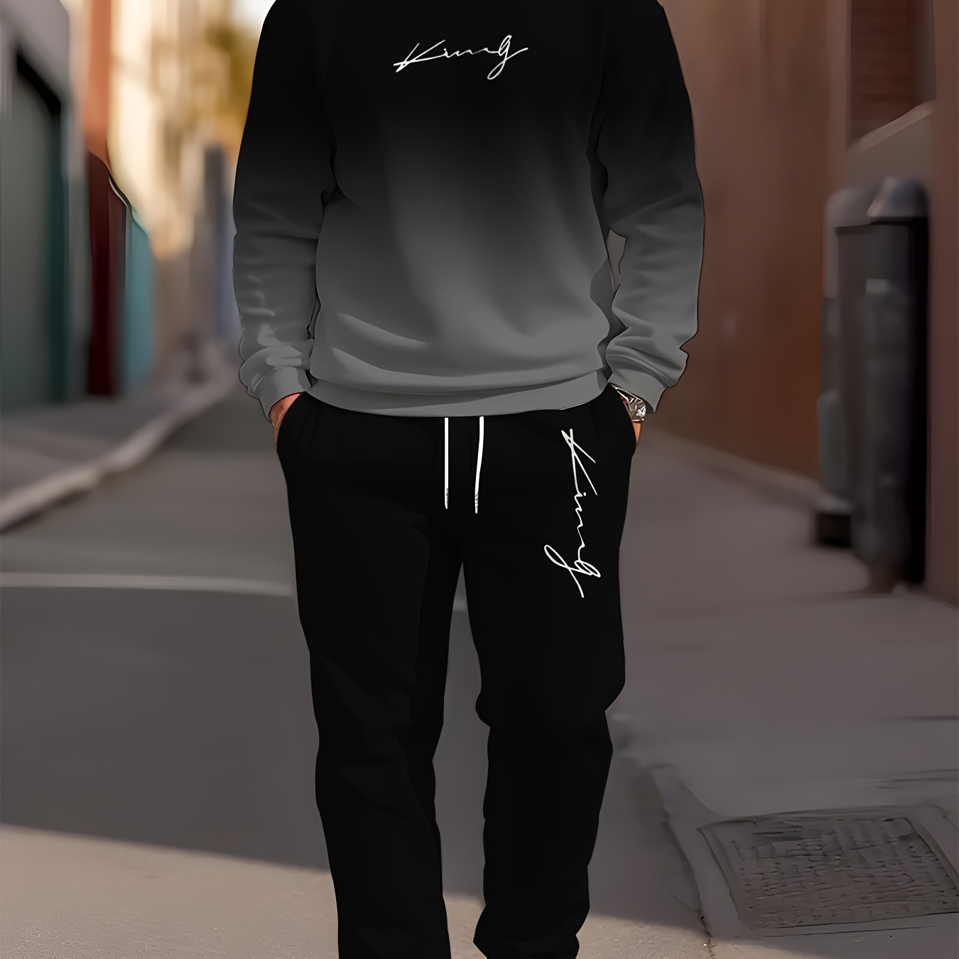 

Men's Casual Novelty Outfit Set - Long Sleeve Crew Neck Tee & Drawstring Joggers With Unique , Machine Washable