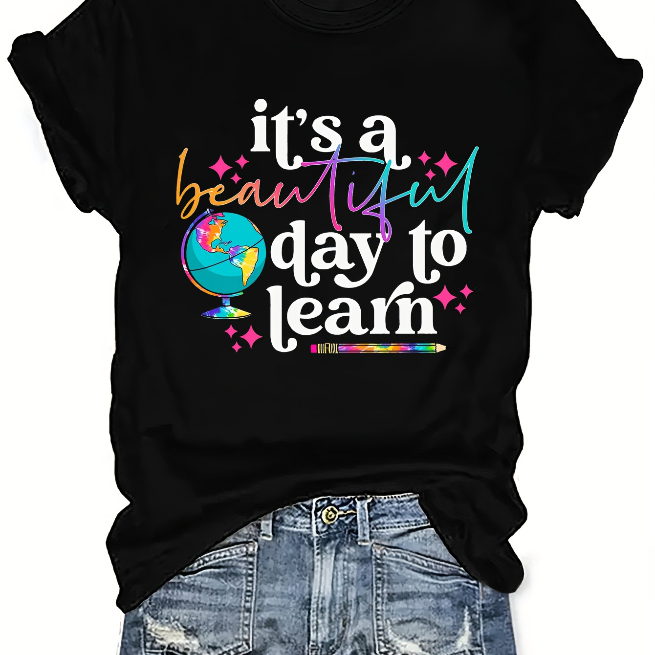 

Plus Size Learn Print T-shirt, Casual Crew Neck Short Sleeve Top For Spring & Summer, Women's Plus Size Clothing
