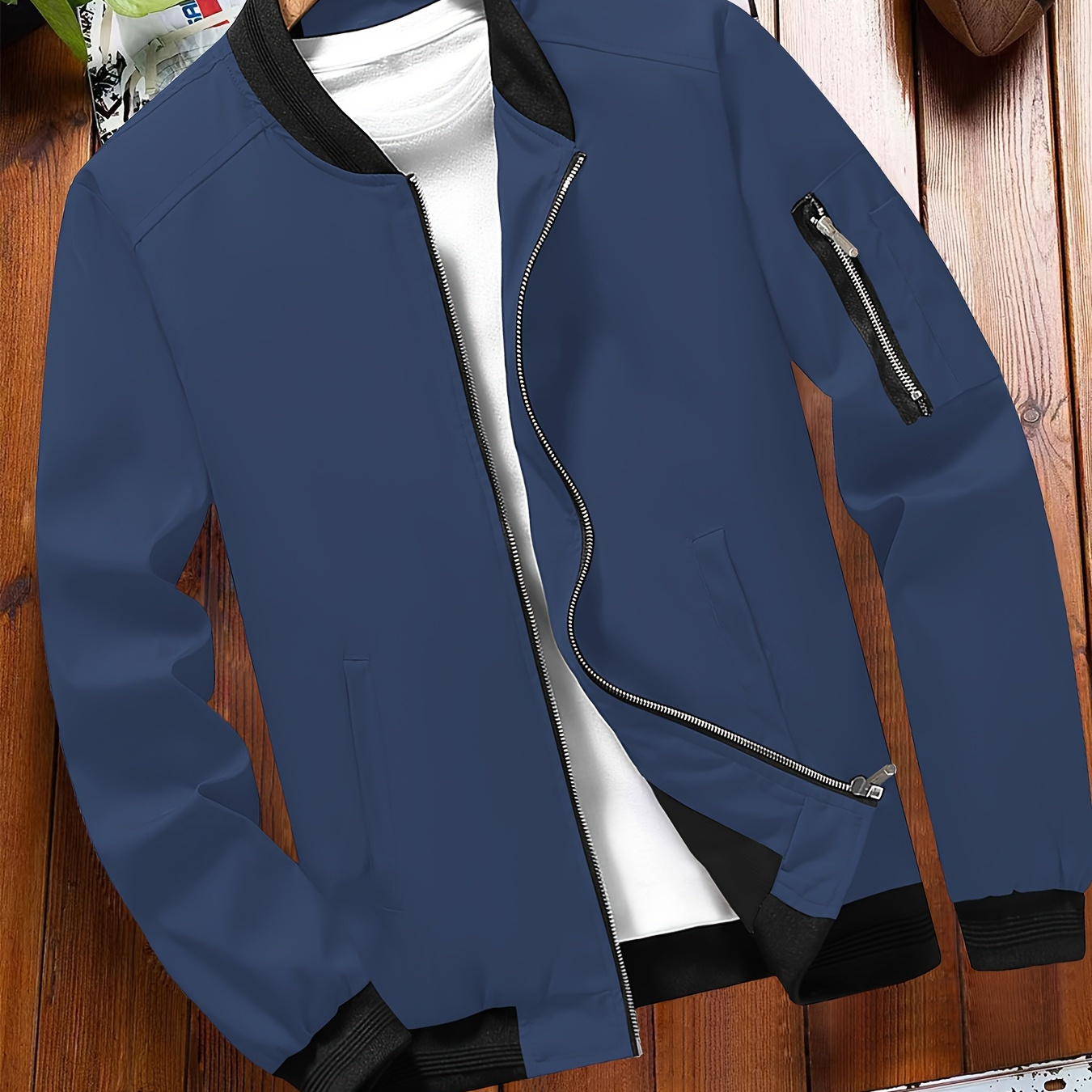 

Men's Casual Stand Collar Jacket Coat With Zipped Pocket In Solid Color, Men's Zip Up Jacket, Perfect For Spring And Autumn Wear