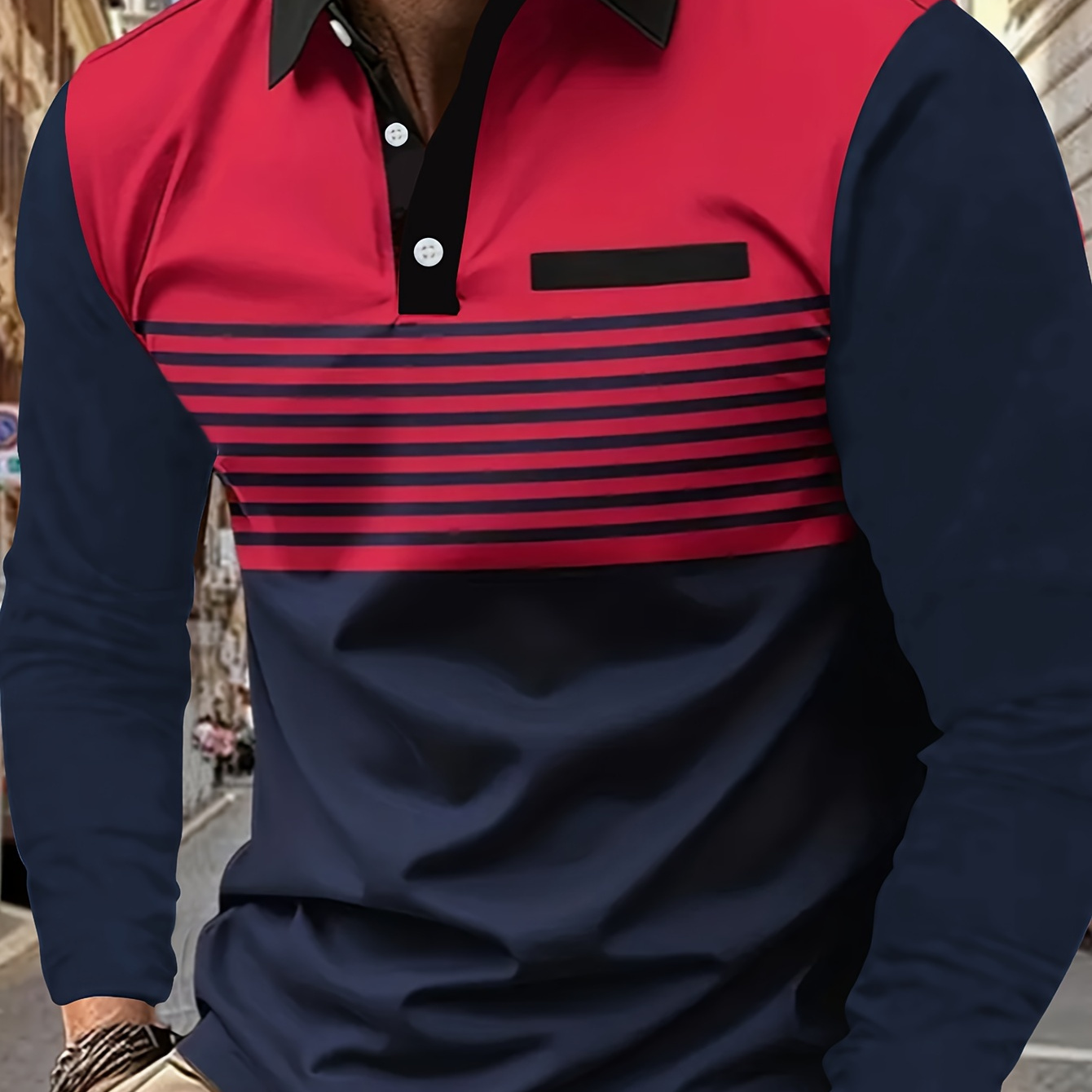 

Men's Casual Long-sleeve Golf Shirt - Striped Print, Lapel Collar, Button Detail, Polyester Knit Fabric, Stretch, Wear