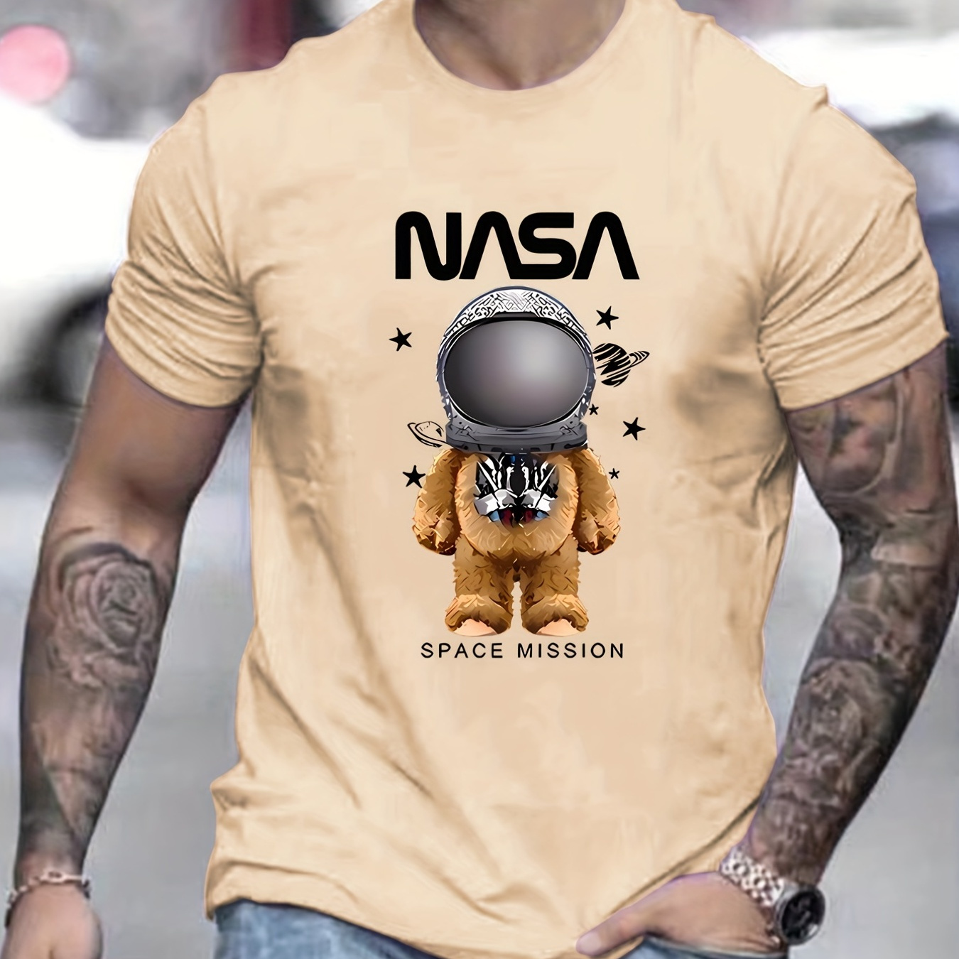 

Trendy Astronaut Bear & Letter Pattern Print Men's T-shirt, Graphic Tee Men's Summer Clothes, Men's Outfits