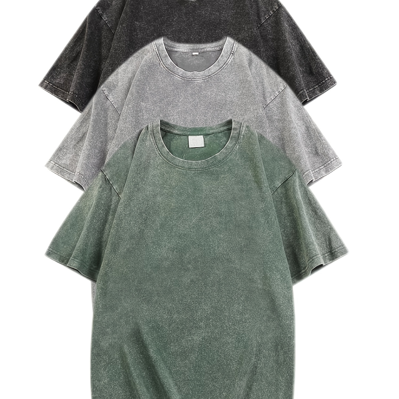 

3pcs Vintage Washed Cotton T-shirts For Men - Solid Color, Short Sleeve, Crew Neck | Casual Summer Tees With Distressed Look