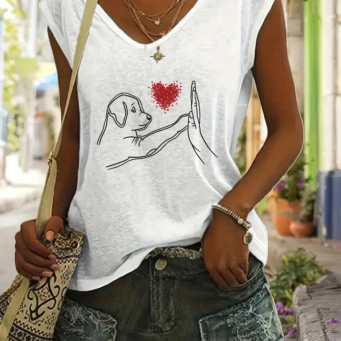 

Dog Print V Neck T-shirt, Short Sleeve Casual Top For Spring & Summer, Women's Clothing