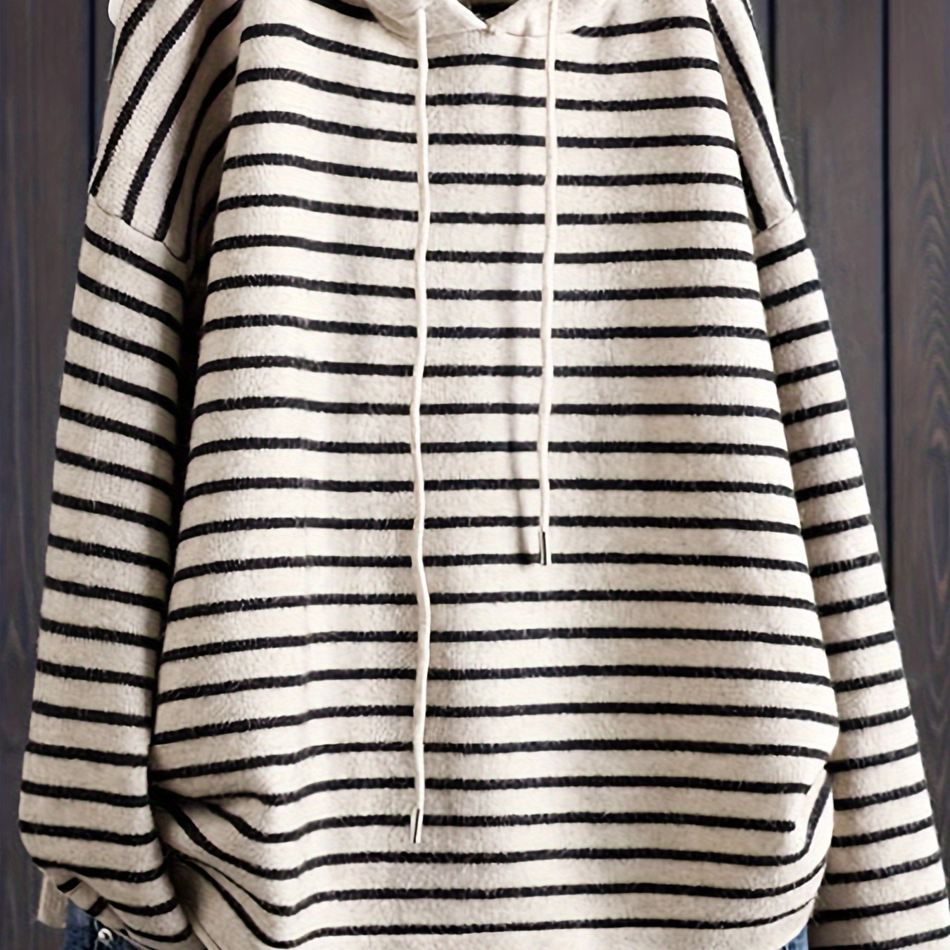 

Striped Drawstring - Knitted Hooded Top For , Fall/