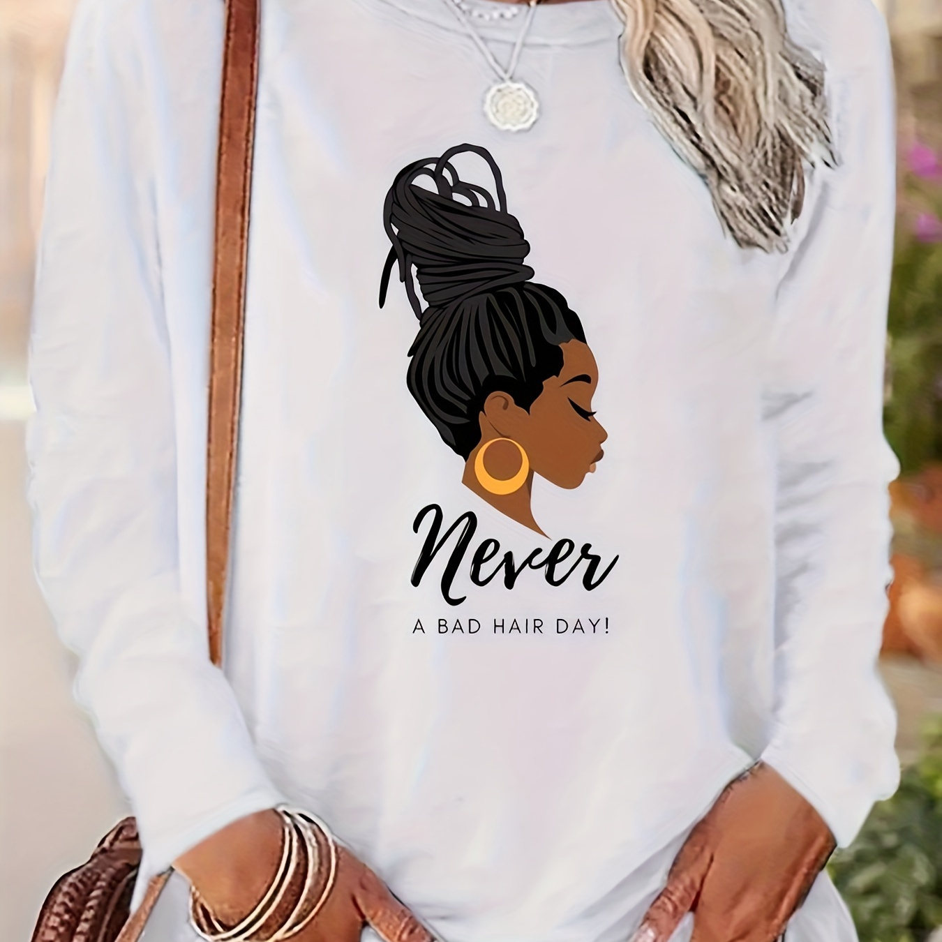 

Girl Print T-shirt, Long Sleeve Crew Neck Casual Top For Spring & Fall, Women's Clothing
